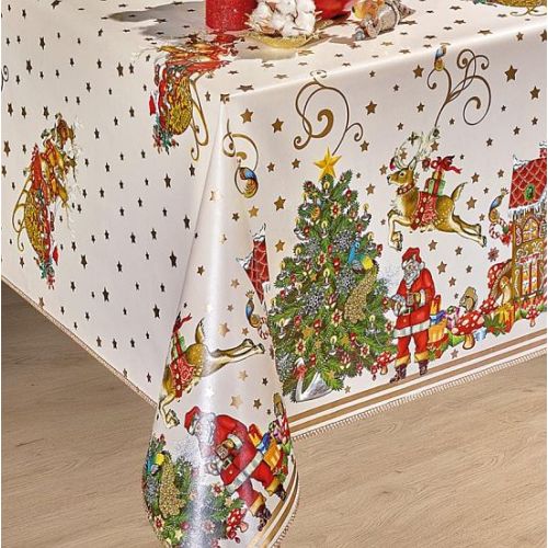 Oil Cloth Beige Gold Santa Christmas