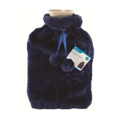 2L Hot Water Bottle With Plush Faux Fur Cover - Dark Blue